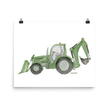 Green Backhoe Loader Truck Watercolor Painting Art Print