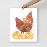 Red Hen and Her Chicks Watercolor