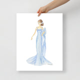Blue Dress Brunette Princess Watercolor Fashion Illustration