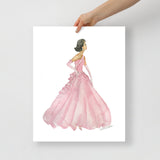 Pink Ball Gown Brunette Princess Watercolor Fashion Illustration