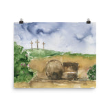 Three Crosses and the Empty Tomb Watercolor