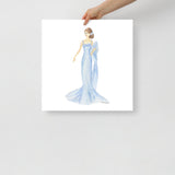 Blue Dress Brunette Princess Watercolor Fashion Illustration
