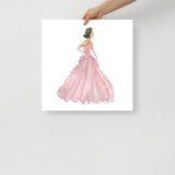 Pink Ball Gown Brunette Princess Watercolor Fashion Illustration