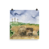 Three Crosses and the Empty Tomb Watercolor
