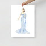 Blue Dress Brunette Princess Watercolor Fashion Illustration