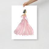 Pink Ball Gown Brunette Princess Watercolor Fashion Illustration