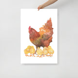Red Hen and Her Chicks Watercolor