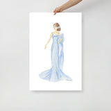 Blue Dress Brunette Princess Watercolor Fashion Illustration