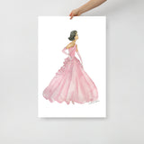 Pink Ball Gown Brunette Princess Watercolor Fashion Illustration