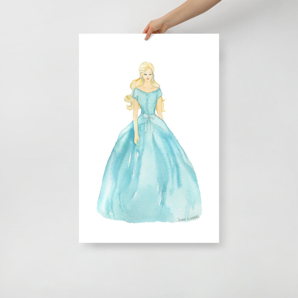 open lace back dress Aqua Ball Gown Blonde Princess Watercolor Fashion Illustration – Susan  Windsor