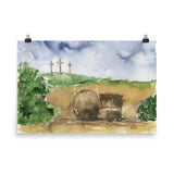 Three Crosses and the Empty Tomb Watercolor