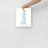 Blue Dress Brunette Princess Watercolor Fashion Illustration