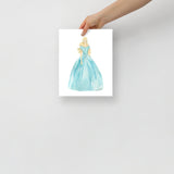 Aqua Ball Gown Blonde Princess Watercolor Fashion Illustration