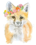 Woodland Animal Floral Art Print Set One - Set of 4 Animals - Deer, Bunny, Fox, Squirrel