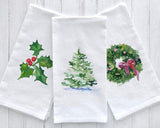 Set of 3 Christmas Watercolor Flour Sack Tea Towels