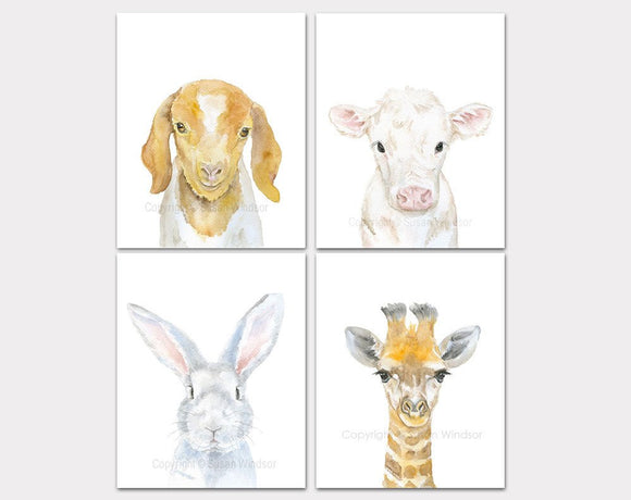 Baby Animal Watercolor Art Prints - Set of 4 Animals - Goat, Calf, Rabbit, Giraffe