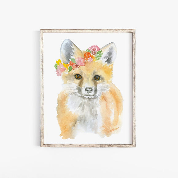 Fox with Flowers Watercolor