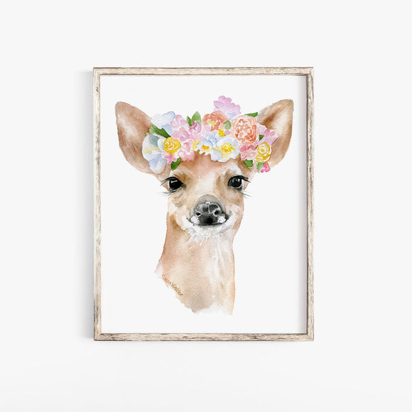 Deer Fawn with Flowers Watercolor