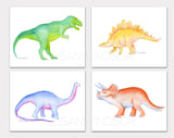Dinosaur Watercolor Art Prints - Set of 4 Animals - T.rex, Apatosaurus, Triceratops, and Stegosaurus