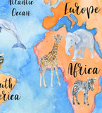 Watercolor World Map with Animals
