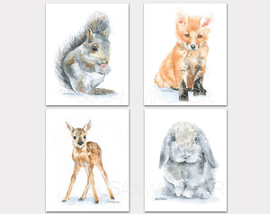 Woodland Animal Art Print Set Two - Set of 4 Animals - Squirrel, Fox, Deer, Rabbit