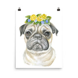 Pug with Flowers Watercolor