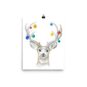 Christmas Deer and Ornaments Watercolor Print