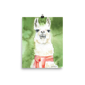 Llama with a Red Scarf Watercolor Print