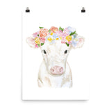 White Cow Calf with Floral Crown Watercolor