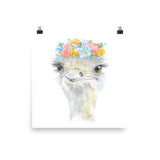 Ostrich with Flowers Watercolor