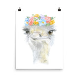 Ostrich with Flowers Watercolor
