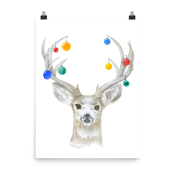 Christmas Deer and Ornaments Watercolor Print