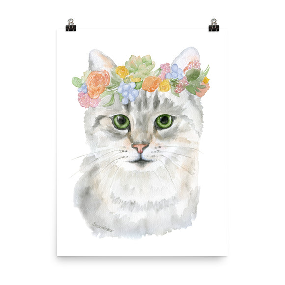 Tabby Cat with Flowers Watercolor