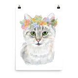 Tabby Cat with Flowers Watercolor