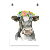 Black and White Cow Floral Wreath Watercolor