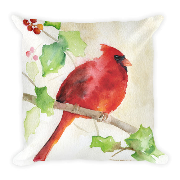 Red Cardinal and Holly Watercolor Square Pillow