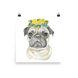 Pug with Flowers Watercolor