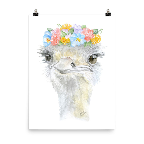 Ostrich with Flowers Watercolor