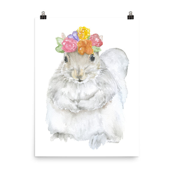 Gray Squirrel with Flowers Watercolor