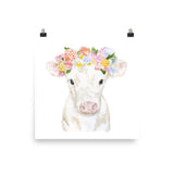 White Cow Calf with Floral Crown Watercolor