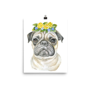 Pug with Flowers Watercolor