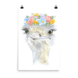 Ostrich with Flowers Watercolor