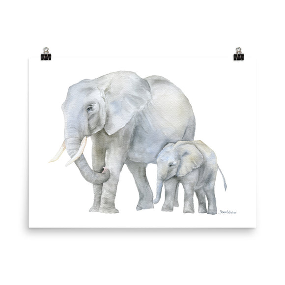Mother and Baby Elephants Watercolor